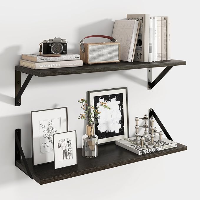 Axeman 24 Inch Black Floating Shelves | 8 Inch Deep Wall Shelves Set of 2 | 24''W x 8''D Rustic Black Wood Shelves for Bathroom Kitchen Living Room Bookshelf Home Office