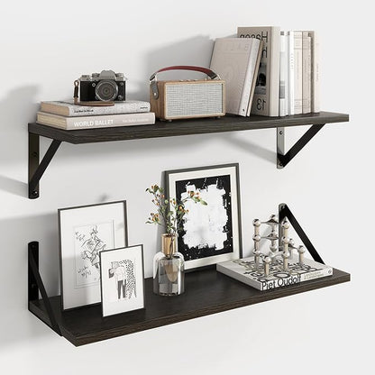 Axeman 24 Inch Black Floating Shelves | 8 Inch Deep Wall Shelves Set of 2 | 24''W x 8''D Rustic Black Wood Shelves for Bathroom Kitchen Living Room Bookshelf Home Office
