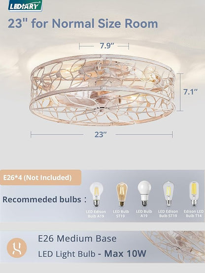 LEDIARY 23 Inch Caged Ceiling Fans with Lights, White Flush Mount Ceiling Fan with Remote&App, Large Low Profile Bladeless Ceiling Fan Light Fixture for Bedroom, Kitchen, Dining Room-White Gold Color