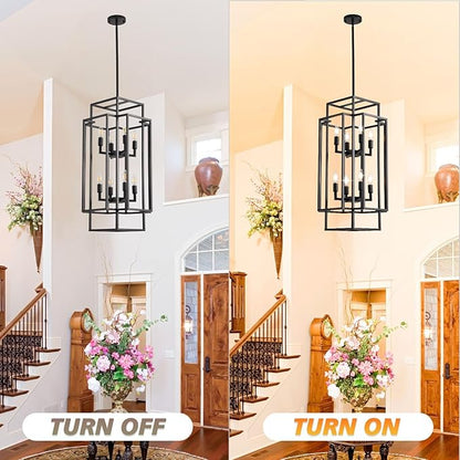 8-Light Tiered Lantern Pendant Light, Black Farmhouse Chandelier, Large Chandeliers for High Ceilings, Modern Foyer Lighting Fixtures, for Dining Room, Living Room, Entryway Staircase