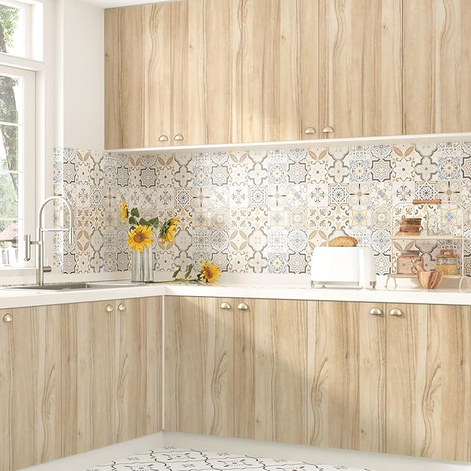 WESTICK Light Wood Contact Paper Peel and Stick Countertops Waterproof Kitchen Countertop Peel and Stick Wood Wallpaper Self Adhesive Wood Grain Contact Paper for Countertops Cabinets 15.75" x 394"