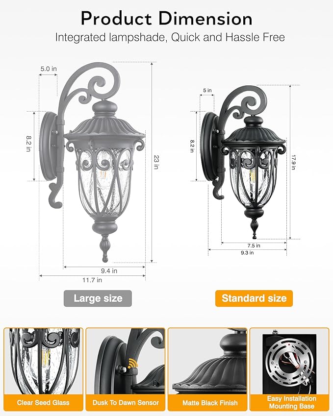 VIANIS Outdoor Light Fixture Dusk to Dawn, 2 Pack Outdoor Lights for House, Black Exterior Lighting Fixtures, Waterproof Outside Lights for House, Garage, Porch, Anti-Rust, Seeded Glass, Vintage Style
