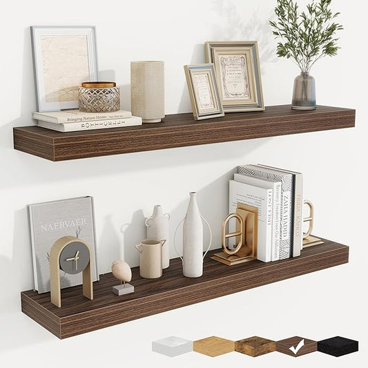 fuqing Floating Shelves for Wall, Wall Mounted Wood Floating Shelf with Invisible Brackets for Living Room, Bathroom, Bedroom, Kitchen Storage and Decor, 36 Inch Set of 2, Walnut