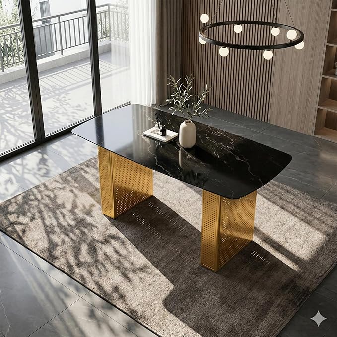 Modern Rectangular Dining Table, Tempered Glass Marble-Top with Gold Dual Pedestal Base, 6-8 Seater, Perforated Metal Frame for Stability, Stylish Kitchen Table for Dining Room and Home Office Use