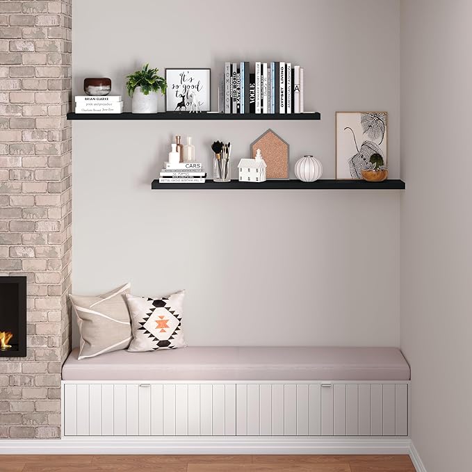 Ballucci Floating Shelves for Wall, 60" Wood Wall Shelf Set of 2, with Invisible Brackets for Bathroom, Living Room, Bedroom, Kitchen, Nursery, 8" Deep, Black