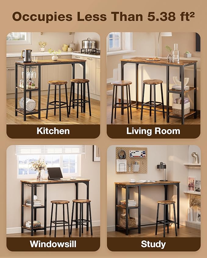 Qsun 3-Piece Bar Table Set for 2, Bar Height Table with Stools & 2 Storage Shelves, Small Bar Table Set with Glass Rack, Small Kitchen Table for Dining Room, Living Room, Rustic Brown