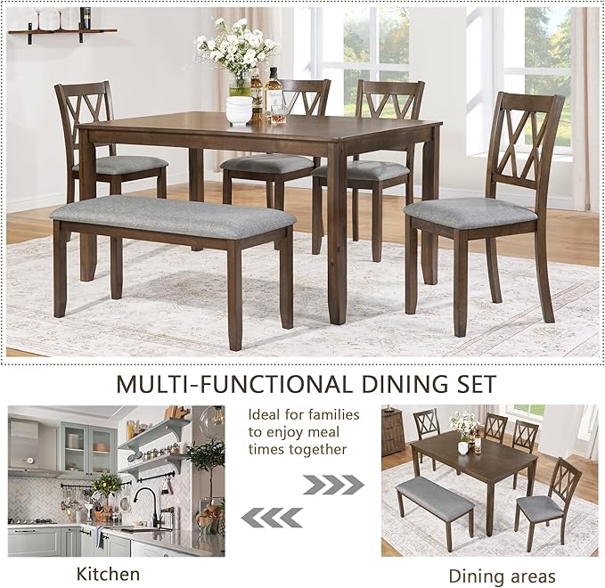 6-Piece Dining Table Set for 6 People, Wooden Rectangular Kitchen Table with 4 Upholstered Chairs and a Bench, Modern Dining Room Table Set for Kitchen and Dining, Walnut