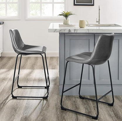 LEMBERI 26 inch Bar Stools Set of 2, Modern Counter Height Bar Stools, Faux Leather Barstool with Back and Metal Leg, Armless Bar Chairs for Kitchen Island (Grey, 2pcs 26")