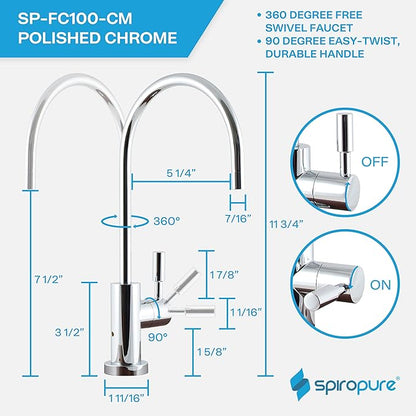 SpiroPure NSF-Certified Lead-Free Air Gap RO Faucet, Polished Chrome, Reverse Osmosis Replacement Water Filter Faucet, 3 Line Filtered Faucet, SP-FC100-CM