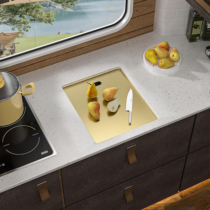 15"x17" Undermount RV Kitchen Sink Workstation – Brushed Gold NANO-PVD, 16 Gauge 304 Stainless Steel, Single Bowl Basin with Foldable Faucet for RV, Camper, Mobile Home, Wet Bar