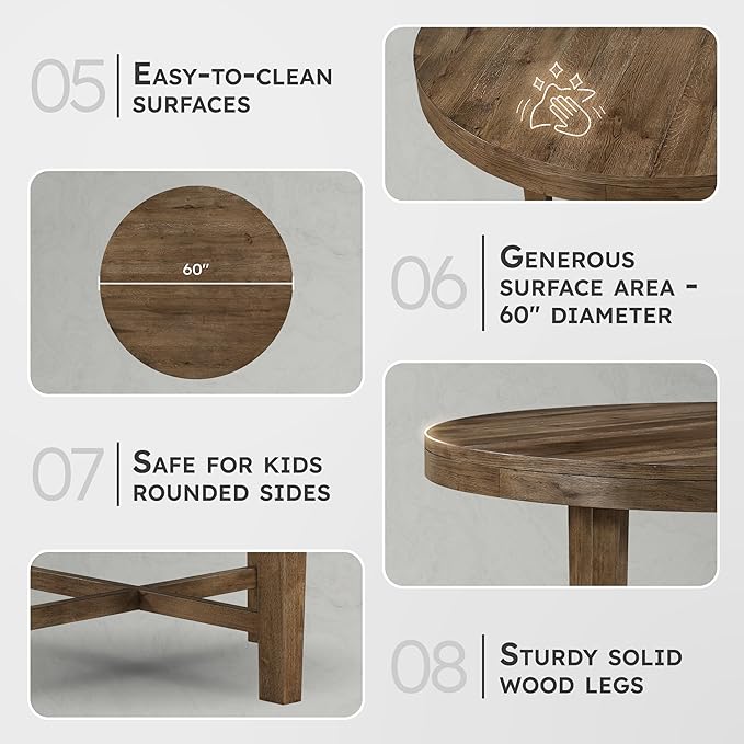 Lexicon 60 Inch Round Dining Table for 4-6 People, Solid Wood Frame with Circle Top, Farmhouse Small Round Kitchen Table for Dinner, Living Room, Modern Natural Wooden Finish, Easy Assembly, Brown