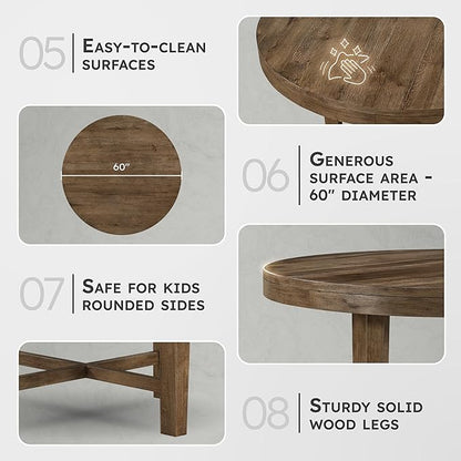 Lexicon 60 Inch Round Dining Table for 4-6 People, Solid Wood Frame with Circle Top, Farmhouse Small Round Kitchen Table for Dinner, Living Room, Modern Natural Wooden Finish, Easy Assembly, Brown