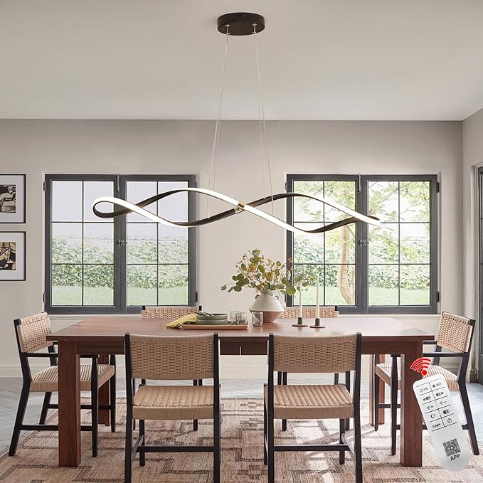 39 Inch Modern LED Pendant Light, Remote Control Dimmable Adjustable Height, DIY Kitchen Island Lighting & Dining Room Chandelier, Energy Saving Matte Black Linear Chandelier