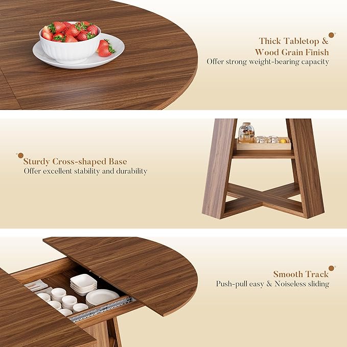 COSIEST 43.3in-59in Extendable Round Dining Table for 4-8 People, Modern Oval Kitchen Table with Storage Shelf & Removable Leaves, Space Saving Wood Dinner Table for Kitchen Living Room(Walnut)