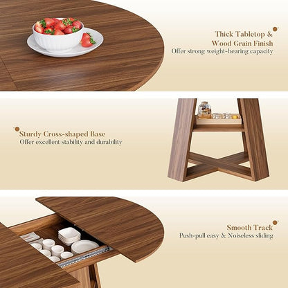 COSIEST 43.3in-59in Extendable Round Dining Table for 4-8 People, Modern Oval Kitchen Table with Storage Shelf & Removable Leaves, Space Saving Wood Dinner Table for Kitchen Living Room(Walnut)