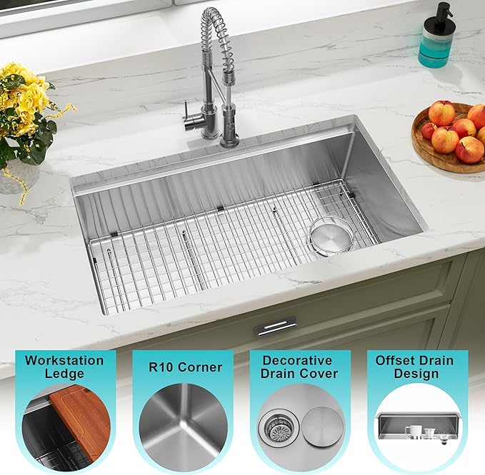 Undermount Kitchen Sink 31 inch,16 Gauge Stainless Steel Workstation Sinks,Large Single Bowl Kitchen Sink Offset Drain (31" X 18")