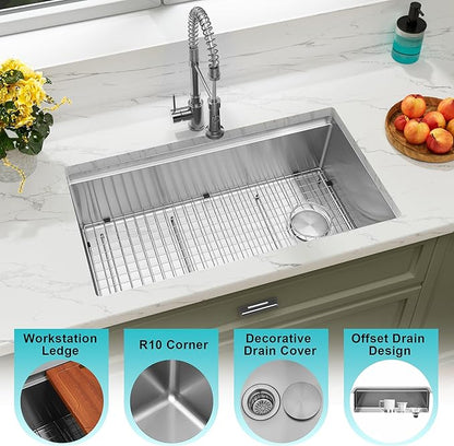 Undermount Kitchen Sink 31 inch,16 Gauge Stainless Steel Workstation Sinks,Large Single Bowl Kitchen Sink Offset Drain (31" X 18")