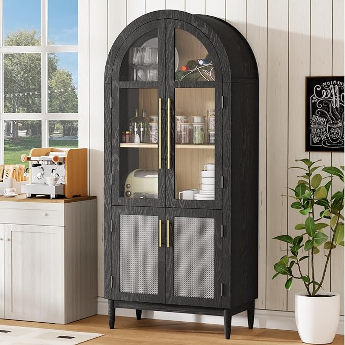 71”Arched Storage Cabinet with Glass & Rattan Door 5-Tier Farmhouse Kitchen Arch Cabinets with Adjustable Feet for Living Room, Black