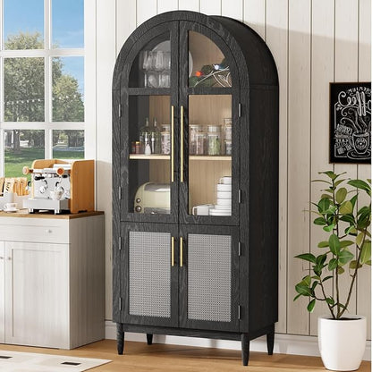 71”Arched Storage Cabinet with Glass & Rattan Door 5-Tier Farmhouse Kitchen Arch Cabinets with Adjustable Feet for Living Room, Black