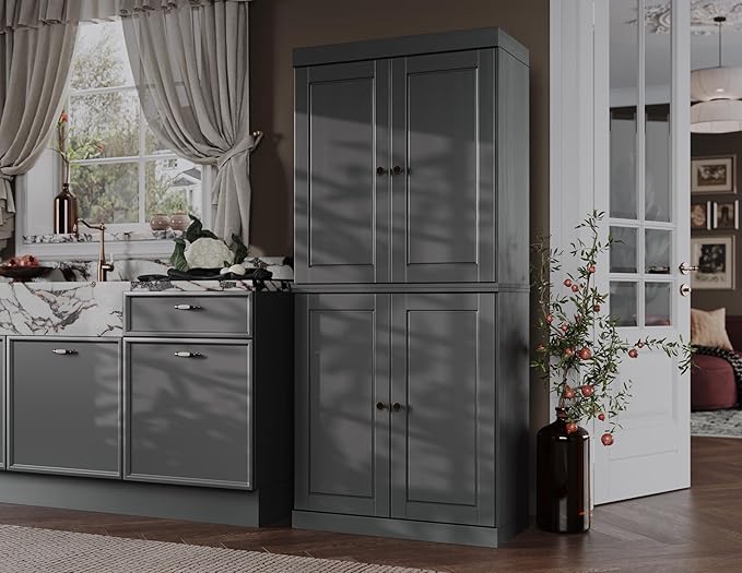 Palace Imports Solid Wood Kitchen Pantry Cabinet - 71.5" Tall x 32" Wide - Wooden Storage Cabinet with 4 Doors & Adjustable Shelves, Gray, 100% Renewable Eco-Friendly Wood, Made in Brazil