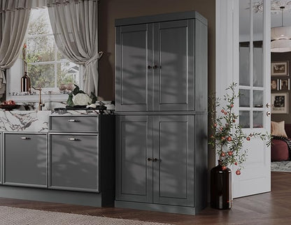 Palace Imports Solid Wood Kitchen Pantry Cabinet - 71.5" Tall x 32" Wide - Wooden Storage Cabinet with 4 Doors & Adjustable Shelves, Gray, 100% Renewable Eco-Friendly Wood, Made in Brazil