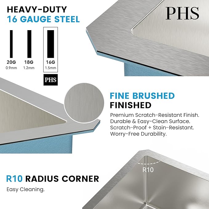 PHS 33-Inch Undermount -60/40 Double Bowl 16 Gauge Stainless Steel Kitchen Sink with Accessories, 9 Inch Deep Sinks with Brushed Finish