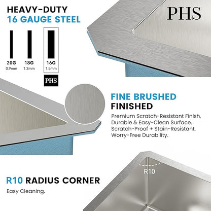 PHS 33-Inch Undermount -60/40 Double Bowl 16 Gauge Stainless Steel Kitchen Sink with Accessories, 9 Inch Deep Sinks with Brushed Finish