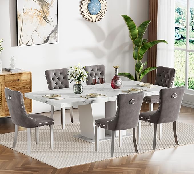Goujxcy 7-Piece Extendable Dining Table Set for 6-8 People 63"-78.7" Kitchen Table Set with 6 Grey Upholstered Chairs Modern White Faux Marble Rectangular Dining Room Table Set for Kitchen Apartment