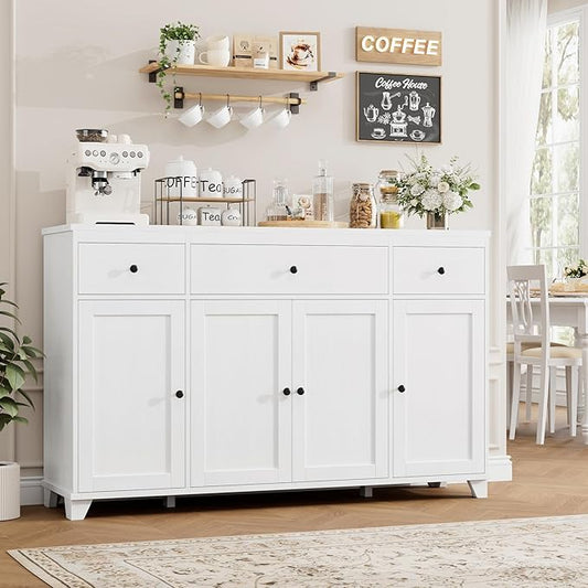 HIFIT 55" Large Kitchen Buffet Cabinet with Storage Drawers, Modern Sideboard Buffet Table Storage Cabinet with Doors and Shelves, Wood Coffee Bar Cabinet for Kitchen Dining Living Room, White