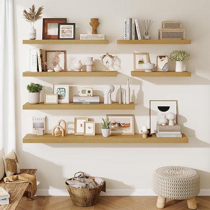 Fun Memories 32 x 10 Floating Shelves Wall-Mounted - Rustic Wood Shelf - 10 Inch Deep Floating Shelves for Wall - Large Storage Shelf for Bathroom - Kitchen & Bedroom - Oak - Set of 2