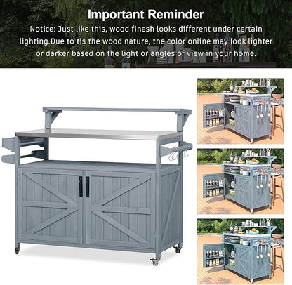YOPTO 53.3" Outdoor Kitchen Island with Raised Shelf,Solid Wood Grill Cart,Stainless Steel Top,Adjustable Shelf,Spice Rack,Lockable Wheels,Grey Blue