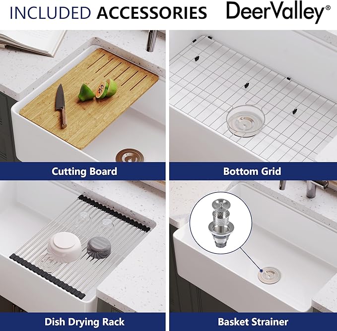 DeerValley Farmhouse Kitchen Sink Workstation 30 inch, White Fireclay Apron Front Farm Sinks, Single Bowl Deep Drop In Undermount Sink with Accessories