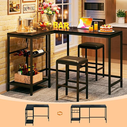 Bar Table and Chairs Set for 2-4, 3-Piece Convertible L-Shaped Dining Set with Storage Shelves & Cup Holder & Wine Rack, 63'' Corner Kitchen Table Set with 2 PU Cushion Stools & Power Outlets, Black
