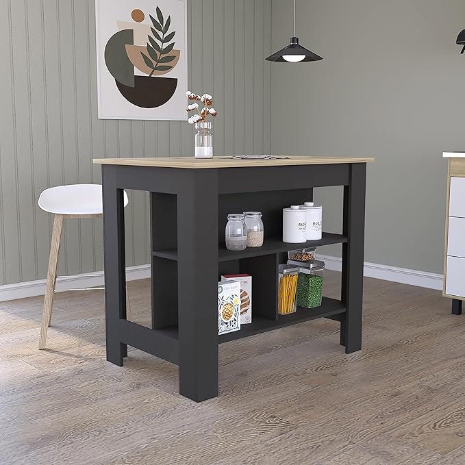 40" Extra Countertop Extendable Dining Table, Work Island with Functional Storage, Kitchen Island Table with Comfortable Prep Space for Kitchen Meal Prep and Storage, Black + Light Oak