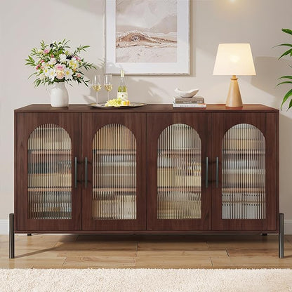 HUAHUU 55" Buffet Cabinet with Storage, Large Sideboard Buffet Cabinet with 4 Doors & 2 Adjustable Shelves, Modern Sideboard Storage Cabinets for Kitchen Living Room Entryway, Walnut