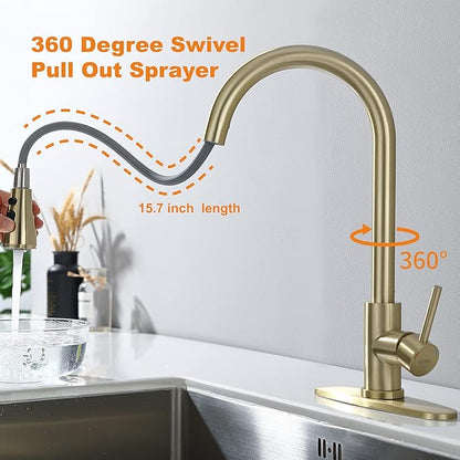 Keer Gold Single Handle Pull Down Kitchen Faucet with Soap Dispenser, 3 Modes Sprayer, Easy Assembly, Single Handle High Arc Stainless Steel Faucet