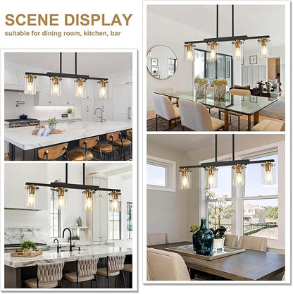 4-Light Kitchen Island Lighting,Dining Room Lights Modern Farmhouse Chandelier with Clear Glass Shade,Modern Rustic Black and Gold Metal Chandelier, Kitchen Pendant Light Fixtures Over Table