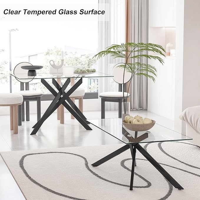 Dining Table with Tempered Glass Top, Modern Glass Dining Room Table Rectangle, Black Geometric Metal Leg, Kitchen Table 51" L x 29.5" W x 30" H, Black