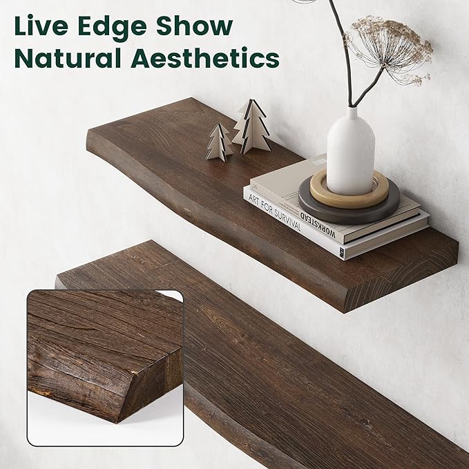 72 Inch Live Edge Floating Shelves, 8 Inch Deep Solid Elm Wood Wall Shelf, Heavy-Duty Wall Mounted Shelf with Invisible Brackets for Living Room, Bathroom, Kitchen, Set of 1, Walnut Color