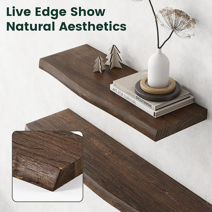 72 Inch Live Edge Floating Shelves, 8 Inch Deep Solid Elm Wood Wall Shelf, Heavy-Duty Wall Mounted Shelf with Invisible Brackets for Living Room, Bathroom, Kitchen, Set of 1, Walnut Color