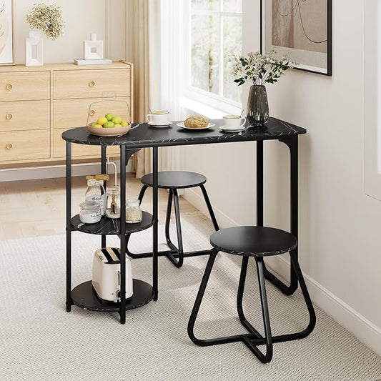 GOFLAME 3-Piece Dining Table Set, Modern Kitchen Table and 2 Stools with 2-Tier Storage Shelves and Metal Frame, Space Saving Wooden Dinette Set for Living Room, Breakfast Nook, Black