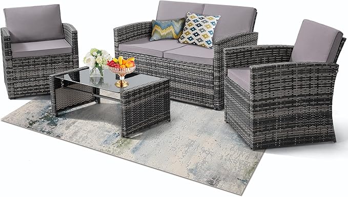 KROFEM 4-Piece Patio Furniture Set, Wicker Outdoor Rattan Sectional Sofa with Cushions and Glass Table, All-Weather Outdoor Conversation Set, Ideal for Garden, Porch, Backyard, Grey