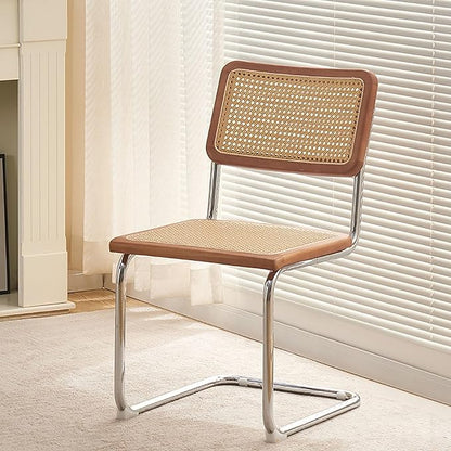 2/4 Pack Faux Leather Dining Chairs, Mid-Century Modern Kitchen Side Chairs with Rattan Back and Non-Slip Metal Legs, Upholstered Armless Chair for Dining Kitchen Island(Set of 2, Walnut A)