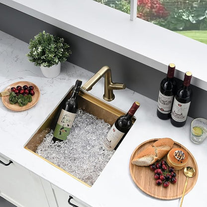 Gold Undermount Bar Sink Workstation,16x19 Small Kitchen Sink Brushed Gold Bar Sinks Undermount 18 Gauge Single Bowl Stainless Steel Kitchen Sinks with Cutting Board