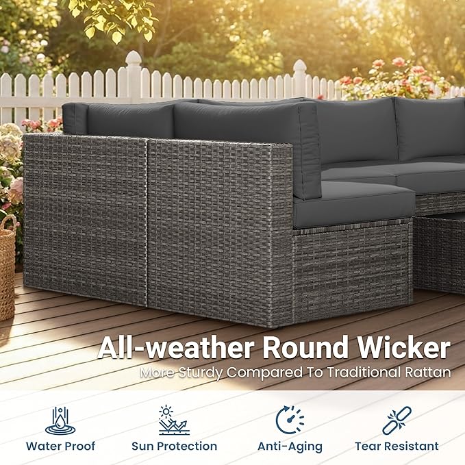 Wisteria Lane 7 Pieces Outdoor Patio Furniture Set, Wicker Outdoor Patio Sectional Sofas with Coffee Table, All-Weather Patio Conversation Set for Garden Backyard, Grey