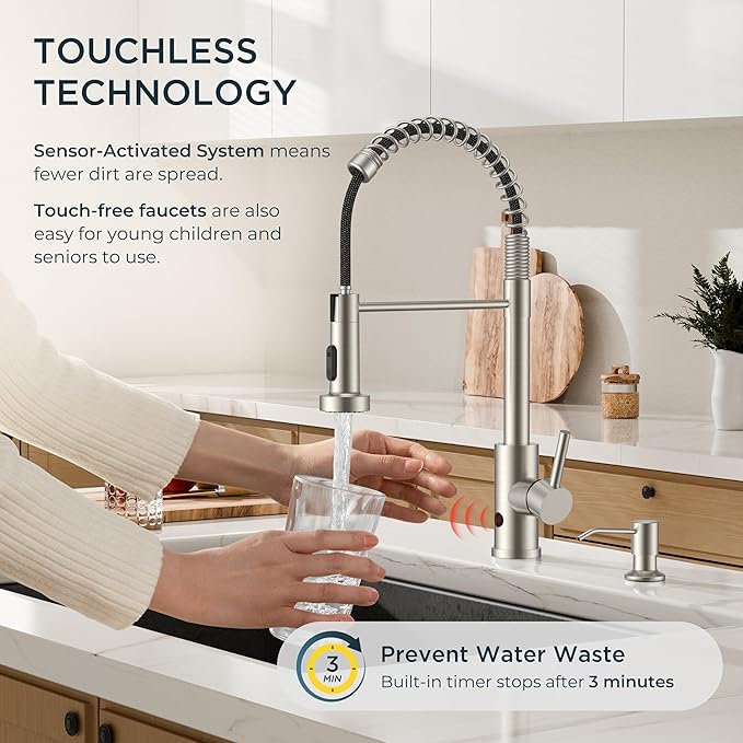 FORIOUS Touchless Kitchen Faucet with Soap Dispenser, Motion Sensor Activated Smart Sink Faucet with Pull Down Sprayer Single Handle Hands Free Contemporary for Bar & Prep Sinks, Brushed Nickel