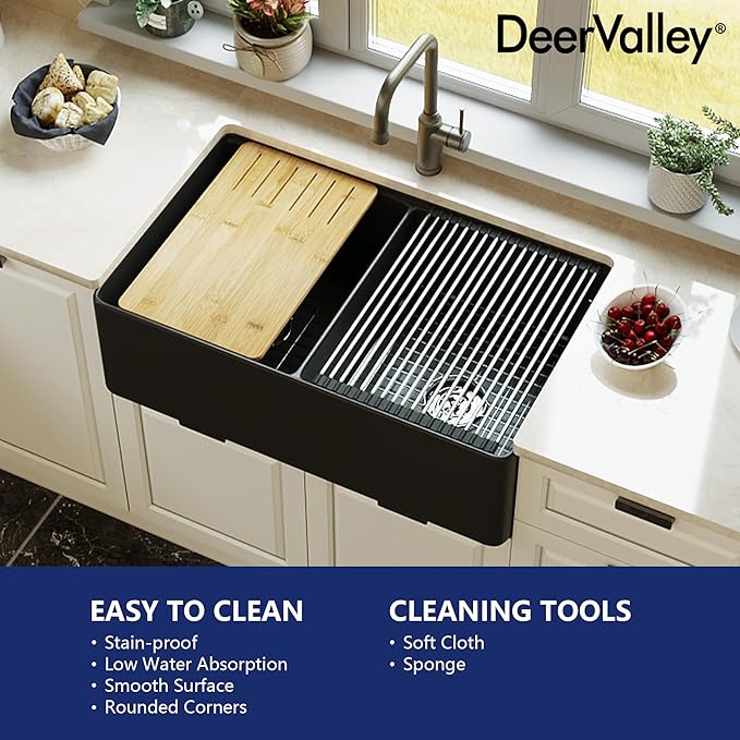 DeerValley Farmhouse Sink Workstation 33 inch, Black Fireclay Apron Front Farm Sinks, Double Bowl Deep Drop-in Undermount Sink with Workstation Accessories