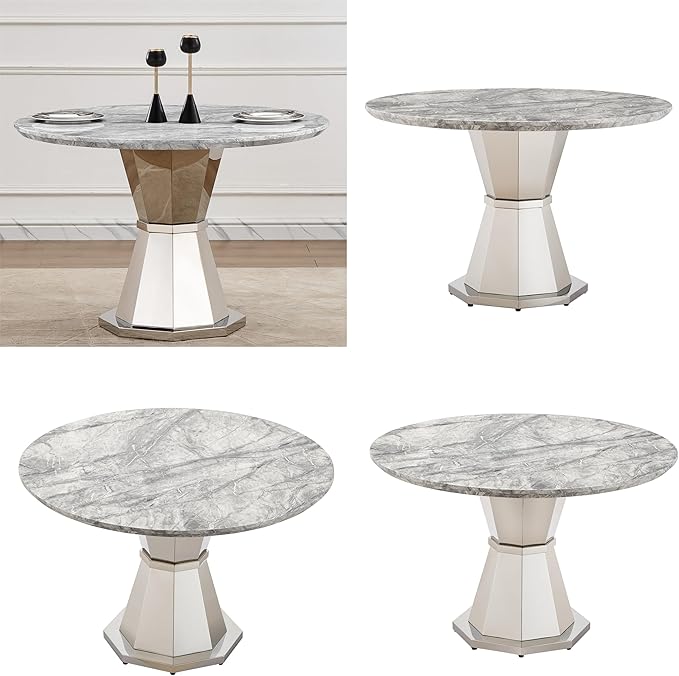 47" Round Marble Dining Table for 4-6, Luxury Modern Kitchen Table with Marble Grain MDF Tabletop & Silver Mirrored Stainless Steel Pedestal Base, Grey Stone Dinner Table for Dining Room (Table Only)
