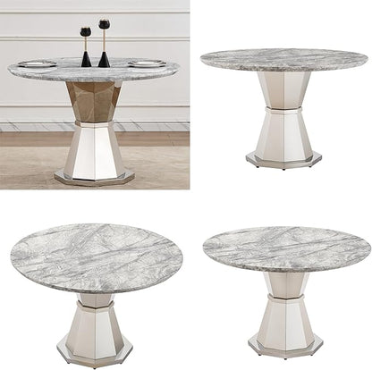 47" Round Marble Dining Table for 4-6, Luxury Modern Kitchen Table with Marble Grain MDF Tabletop & Silver Mirrored Stainless Steel Pedestal Base, Grey Stone Dinner Table for Dining Room (Table Only)