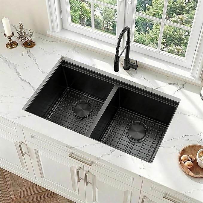 32 Inch Black Sink Undermount Double Bowl, 16 Gauge 50/50 Double Bowl Stainless Steel Workstation Sink, 32"x18"x10" Large and Deep Kitchen Sink With Accessories
